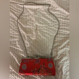 Floral Red Clutch with Removable Chain Strap